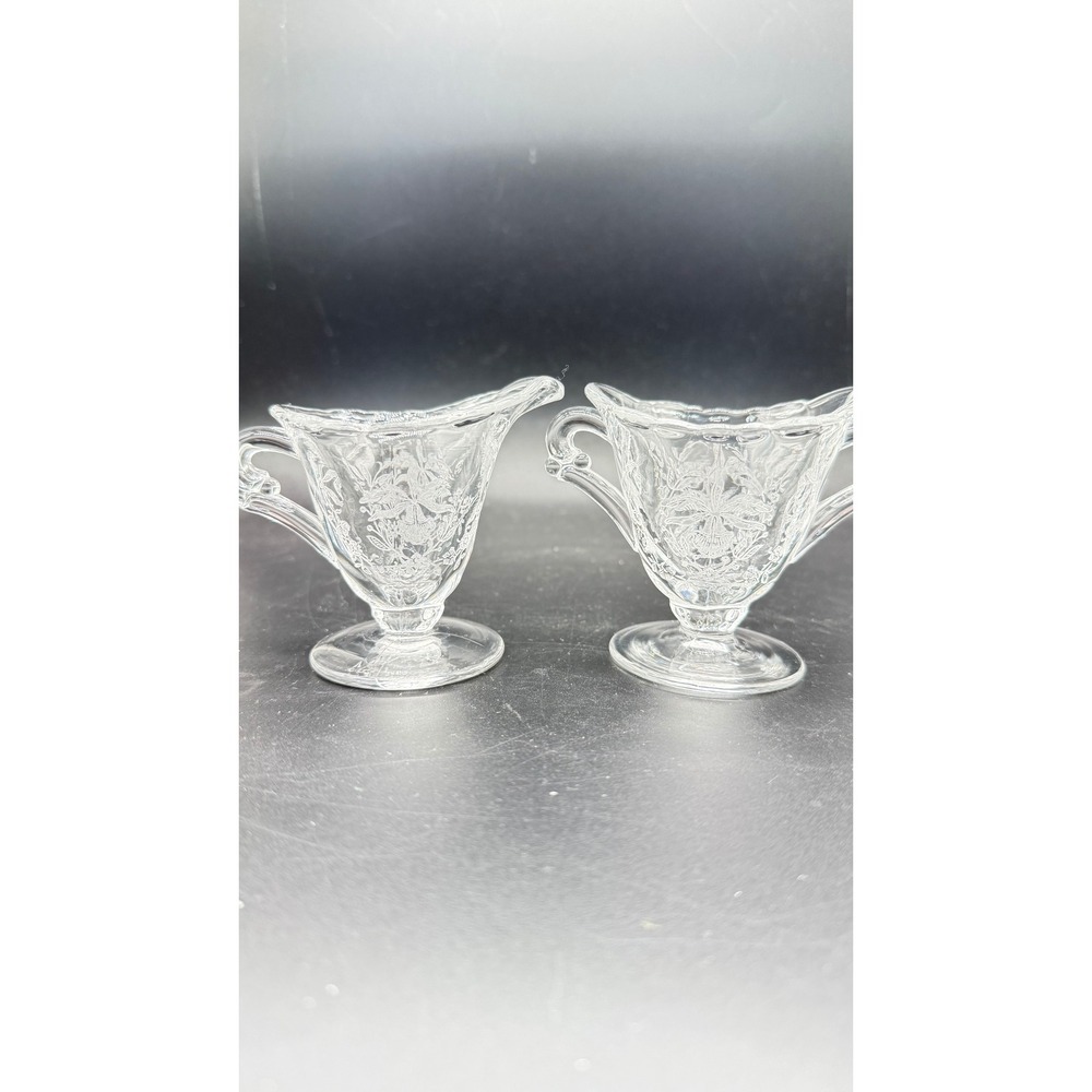 Vintage Clear Etched Glass Creamer and Sugar Bowl Set Floral Orchid Design